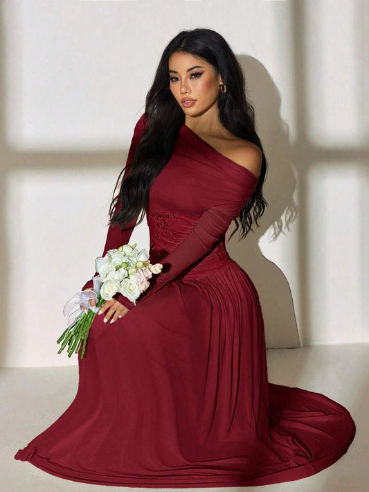 SHEIN PETITE فستان عنابي بأكمام طويلة وتطريز شبكي ضيق