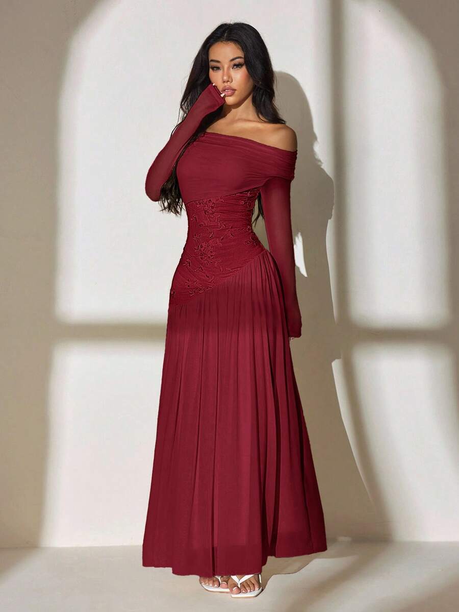 SHEIN PETITE فستان عنابي بأكمام طويلة وتطريز شبكي ضيق