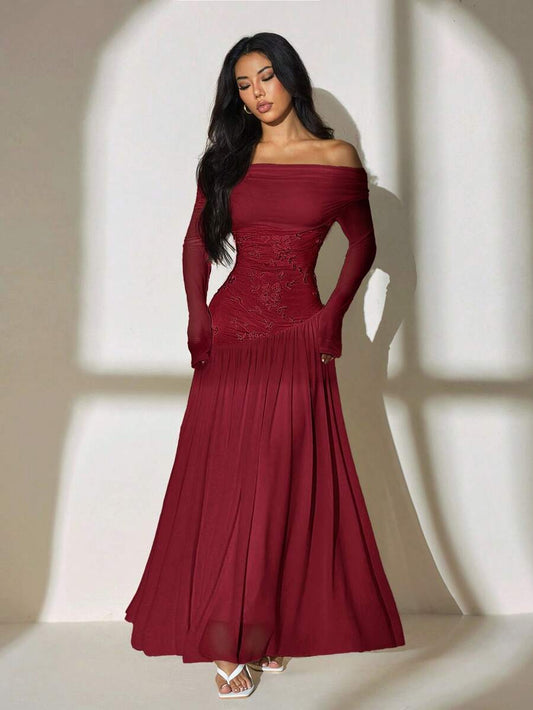 SHEIN PETITE فستان عنابي بأكمام طويلة وتطريز شبكي ضيق