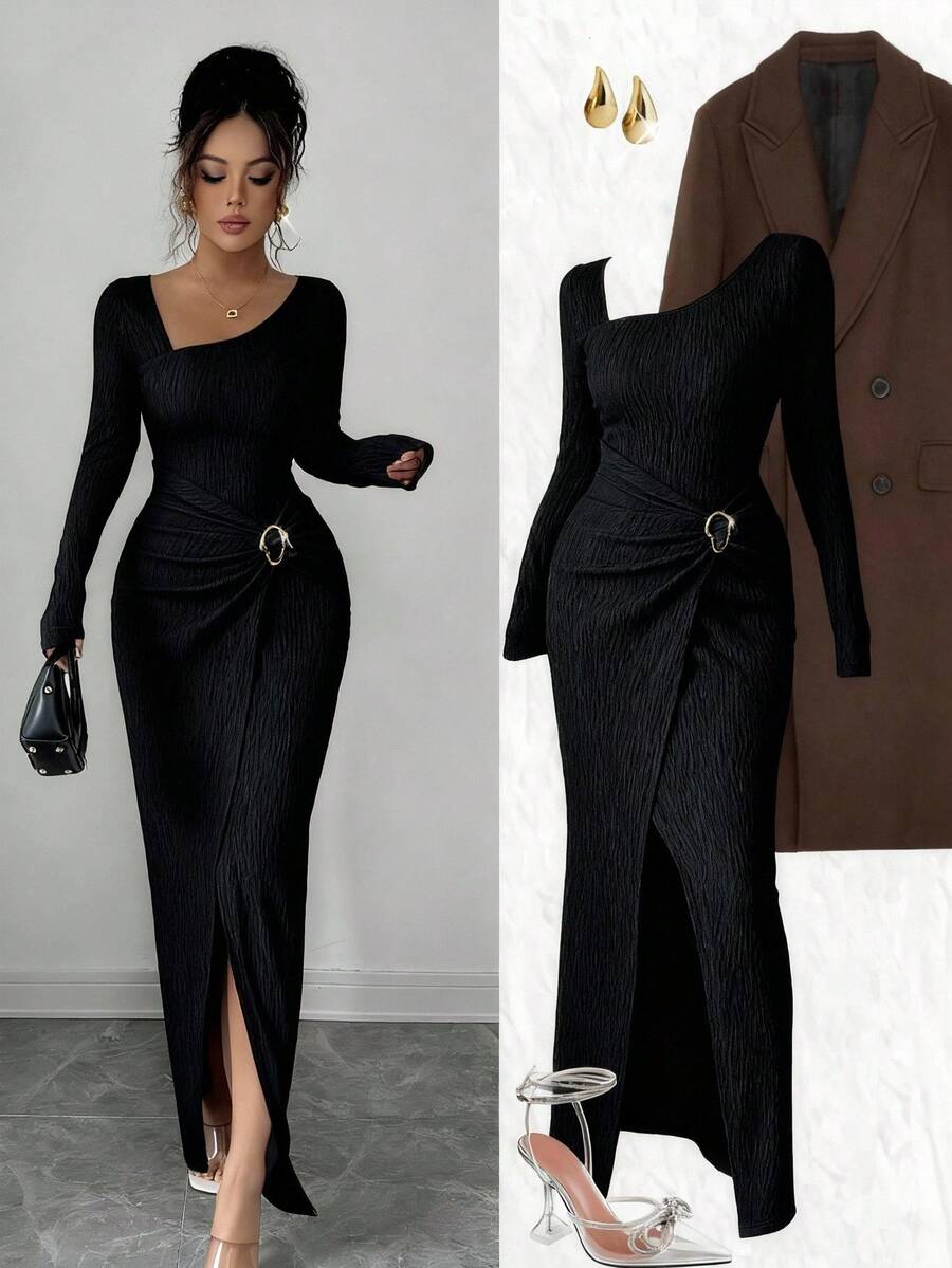 SHEIN Elenzga فستان طويل اسود محبوك مضفر