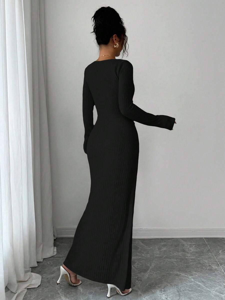 SHEIN Elenzga فستان طويل اسود محبوك مضفر