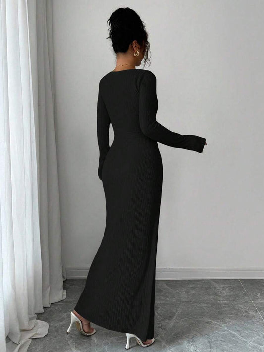 SHEIN Elenzga فستان طويل اسود محبوك مضفر