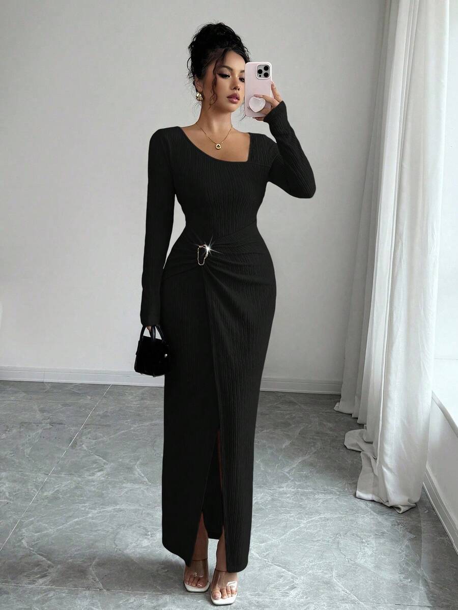SHEIN Elenzga فستان طويل اسود محبوك مضفر