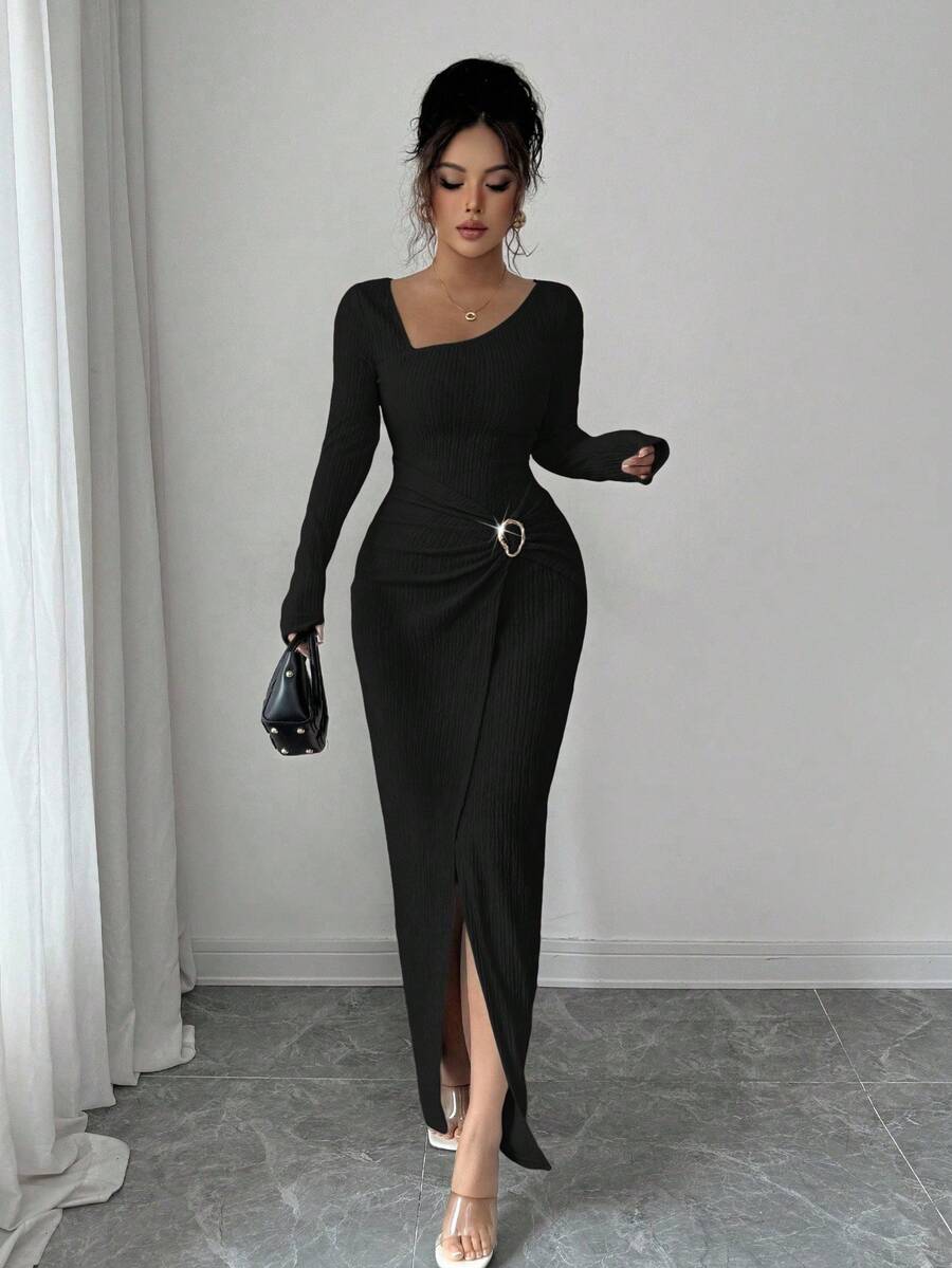 SHEIN Elenzga فستان طويل اسود محبوك مضفر