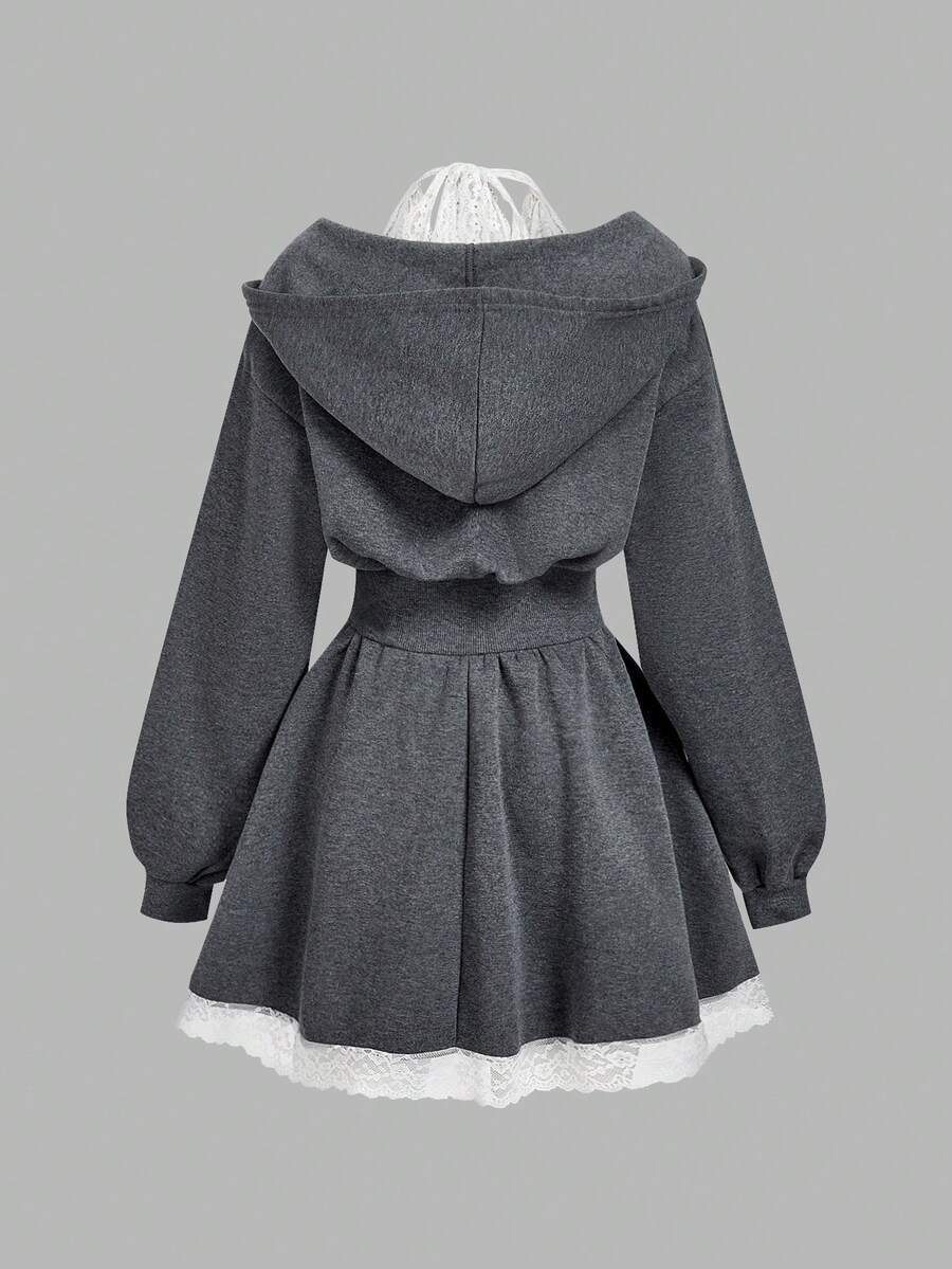 SHEIN MOD فستان رمادي بأكمام طويلة بتصميم خصر متباين ودانتيل