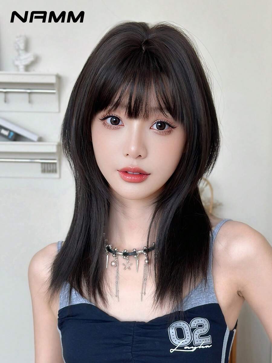 SHEIN NAMM باروكة سوداء 20 بوصة شعر مستقيم مع غرة