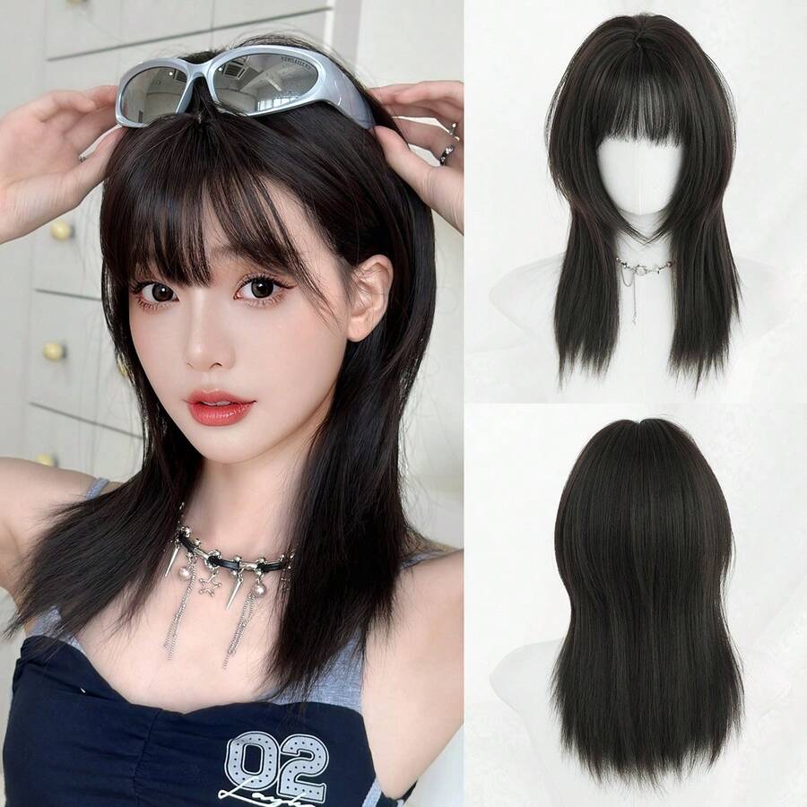 SHEIN NAMM باروكة سوداء 20 بوصة شعر مستقيم مع غرة