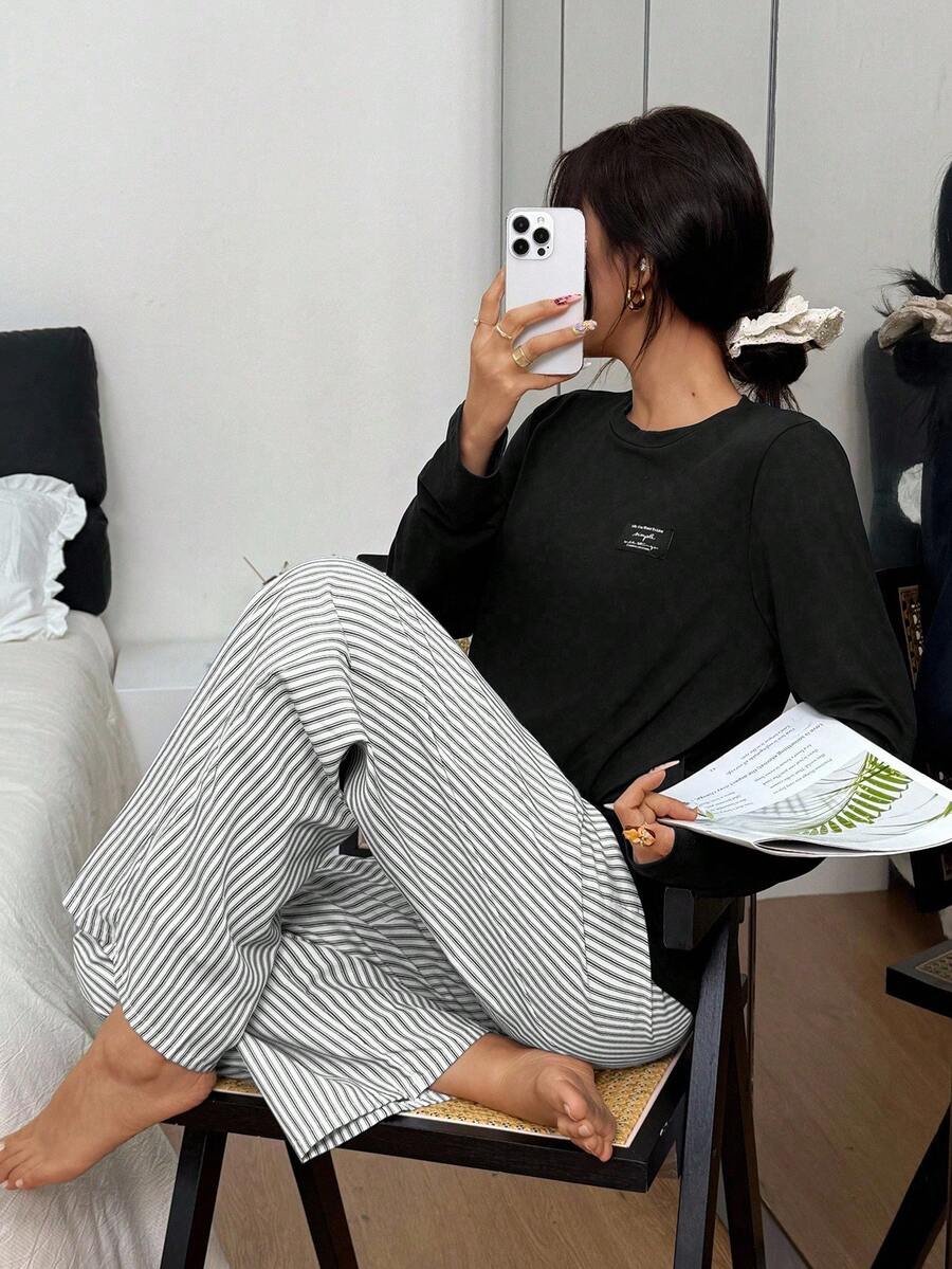 SHEIN طقم بيجامة قطعتين كاجوال بأكمام طويلة وبنطلون مخطط