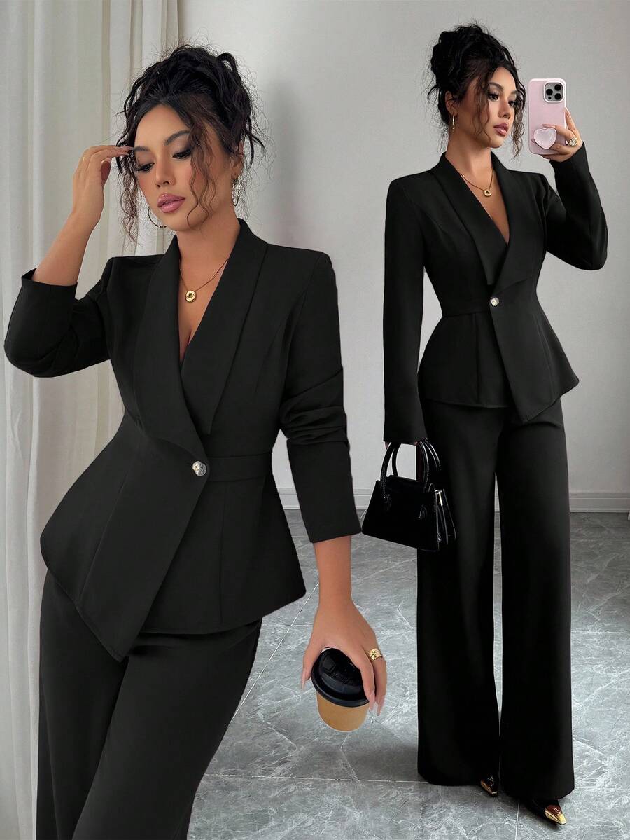 SHEIN Elenzga بدلة نسائية سوداء بزر معدني
