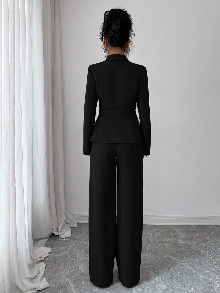 SHEIN Elenzga بدلة نسائية سوداء بزر معدني