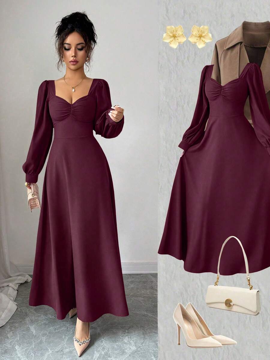 SHEIN فستان ماكسي بأكمام منتفخة وخصر مشدود