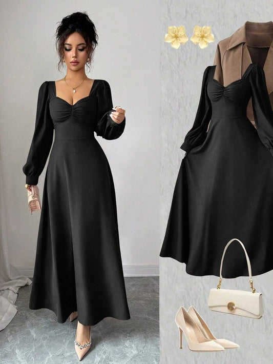 SHEIN فستان ماكسي اسود بأكمام منتفخة وخصر مشدود