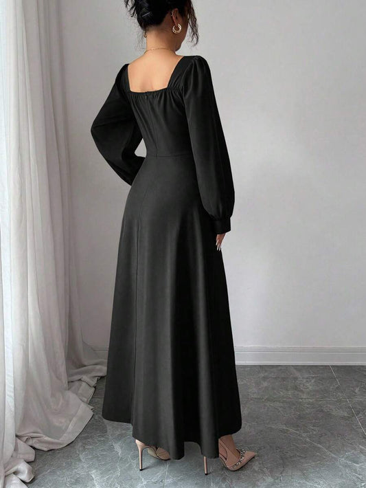 SHEIN فستان ماكسي اسود بأكمام منتفخة وخصر مشدود