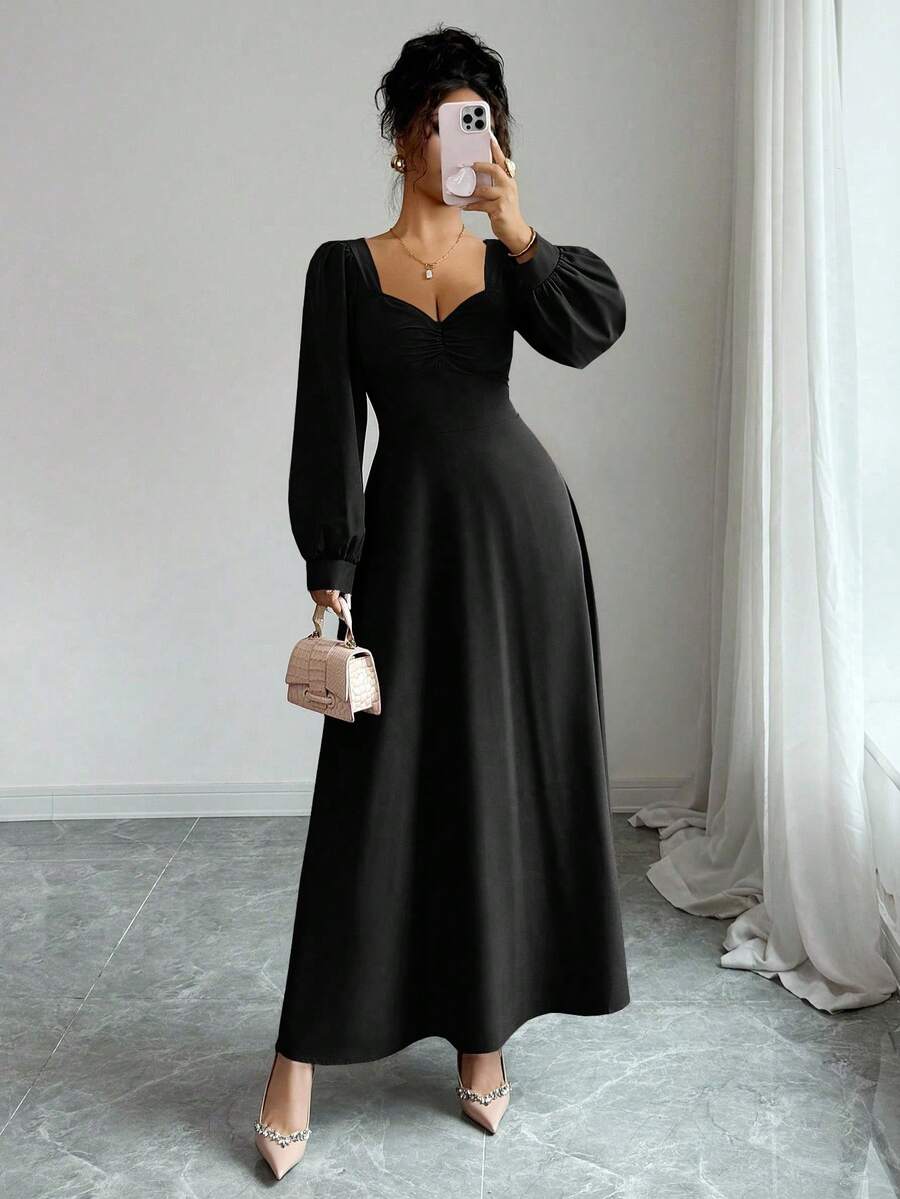 SHEIN فستان ماكسي اسود بأكمام منتفخة وخصر مشدود