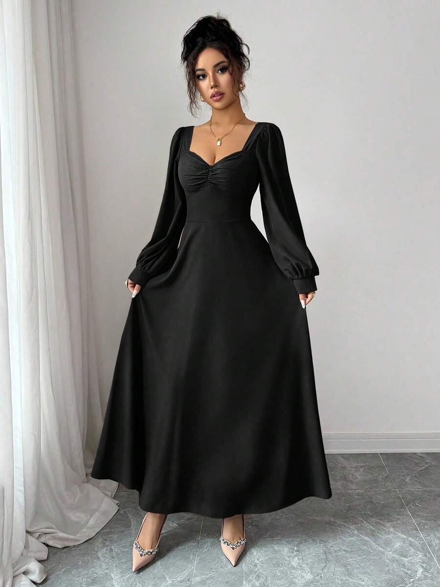 SHEIN فستان ماكسي اسود بأكمام منتفخة وخصر مشدود