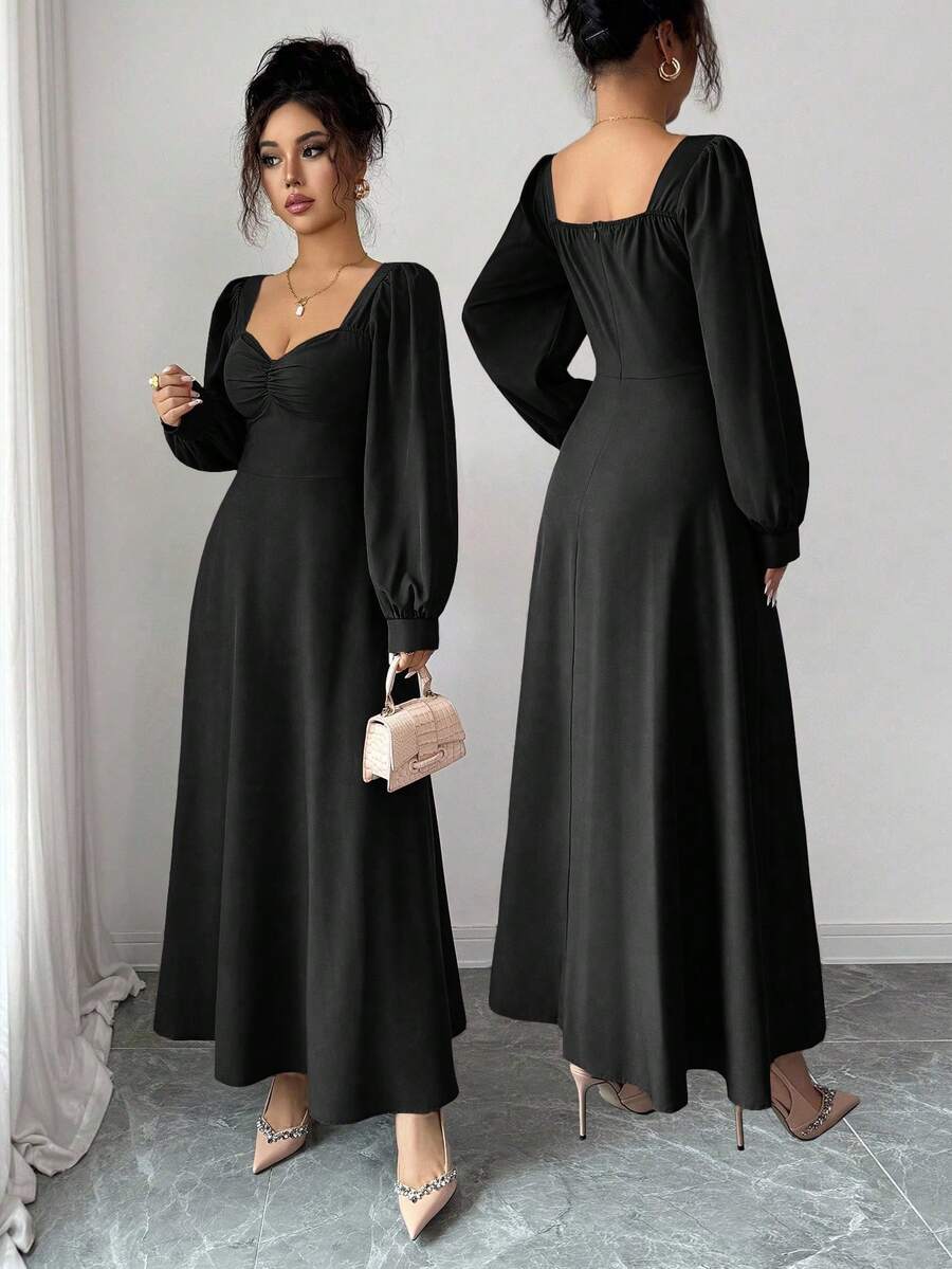 SHEIN فستان ماكسي اسود بأكمام منتفخة وخصر مشدود