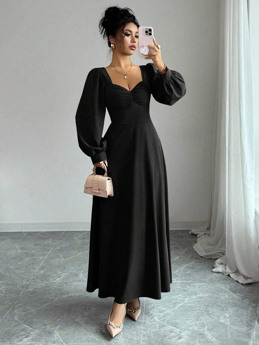 SHEIN فستان ماكسي اسود بأكمام منتفخة وخصر مشدود