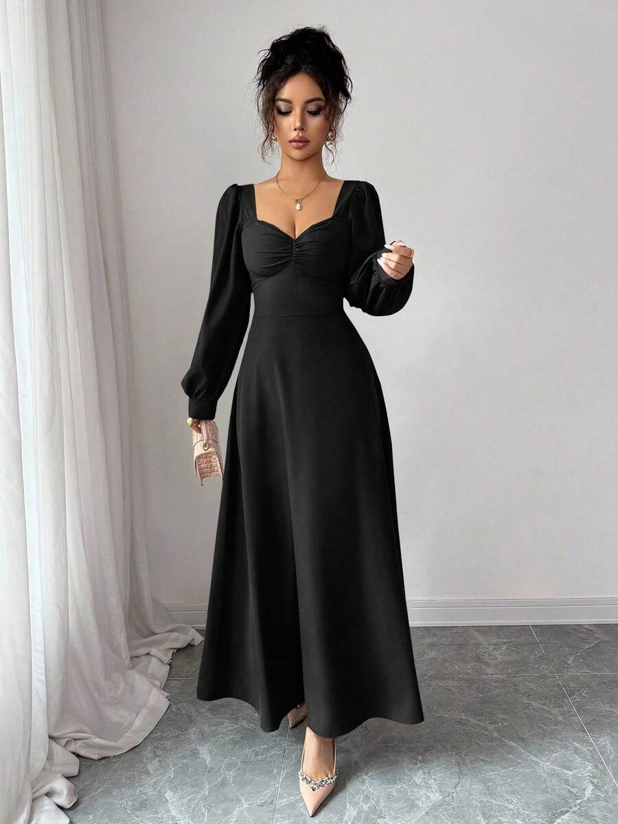 SHEIN فستان ماكسي اسود بأكمام منتفخة وخصر مشدود