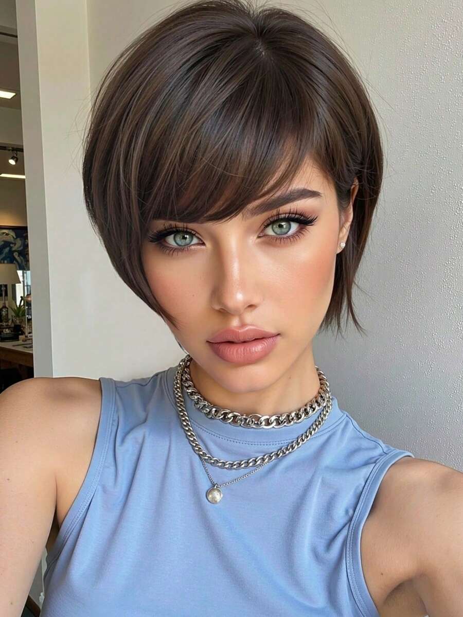 SHEIN باروكة صناعية قصيرة مستقيمة 10 بوصة مع غرة