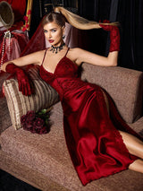 SHEIN SilkySpell فستان نوم ساتان بربطة وشق جانبي وتطريز دانتيل