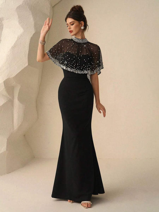 SHEIN Coutiva فستان سهرة أسود مزين باللؤلؤ الفاخر