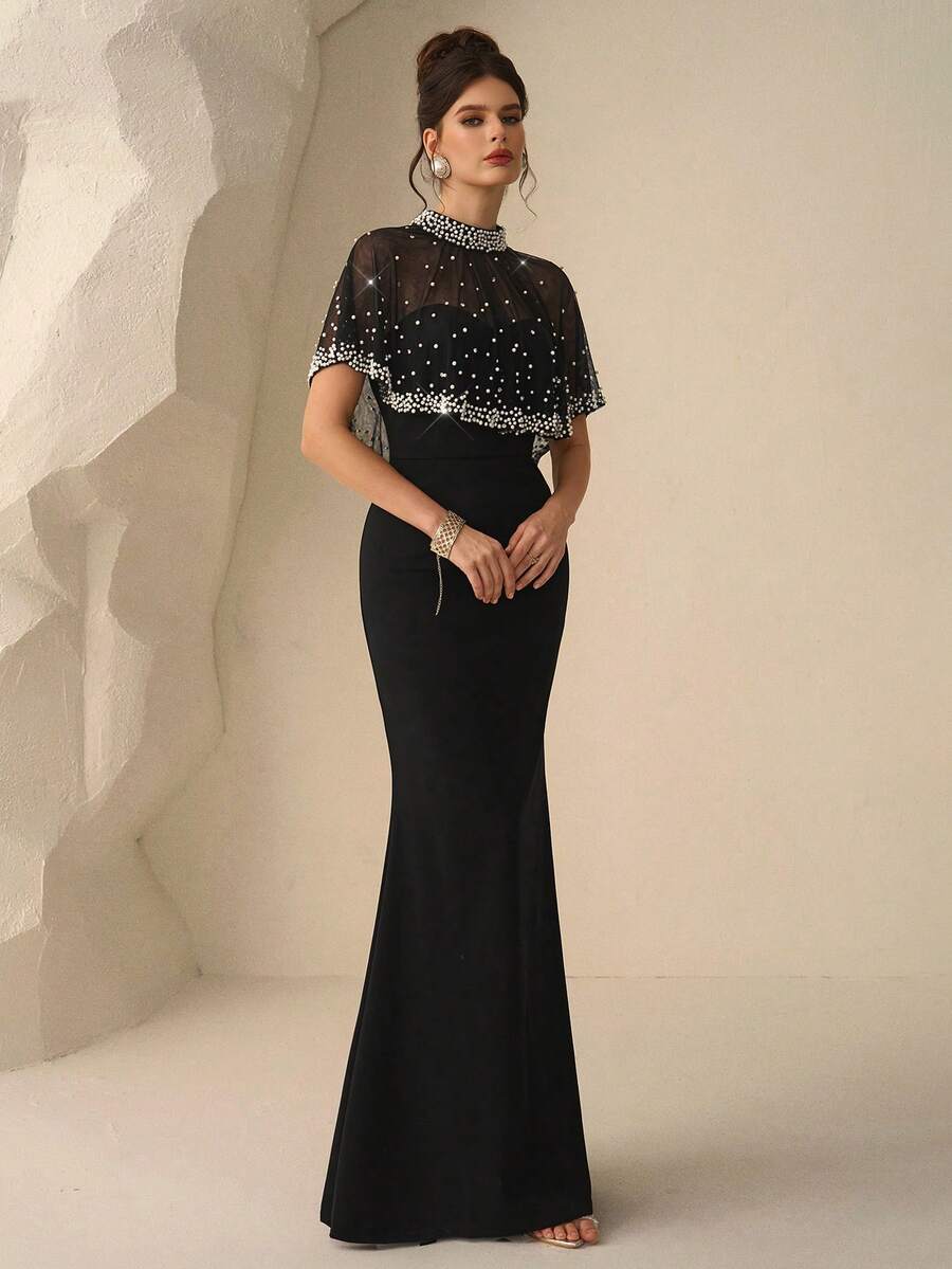 SHEIN Coutiva فستان سهرة أسود مزين باللؤلؤ الفاخر