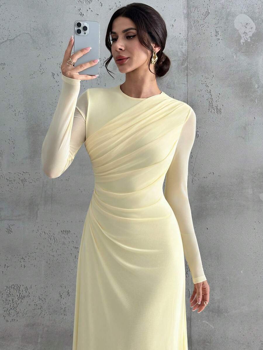 SHEIN فستان ماكسي أصفر فاتح بأكمام طويلة وياقة مستديرة وخصر منتفخ