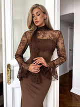 SHEIN Elenzga فستان بني طويل ذيل سمكة بالدانتيل وحزام حلقي
