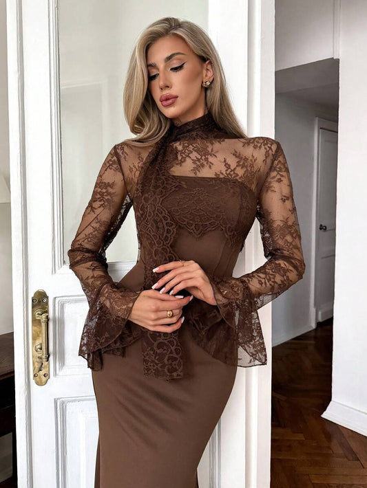 SHEIN Elenzga فستان بني طويل ذيل سمكة بالدانتيل وحزام حلقي