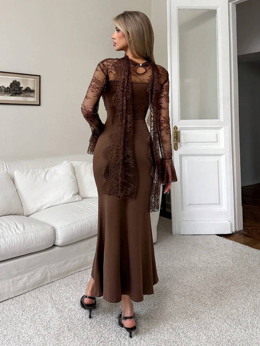SHEIN Elenzga فستان بني طويل ذيل سمكة بالدانتيل وحزام حلقي