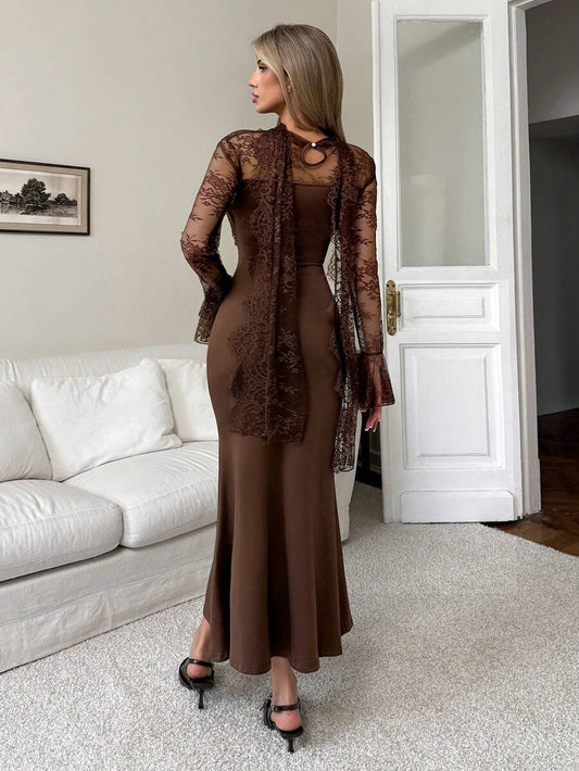 SHEIN Elenzga فستان بني طويل ذيل سمكة بالدانتيل وحزام حلقي