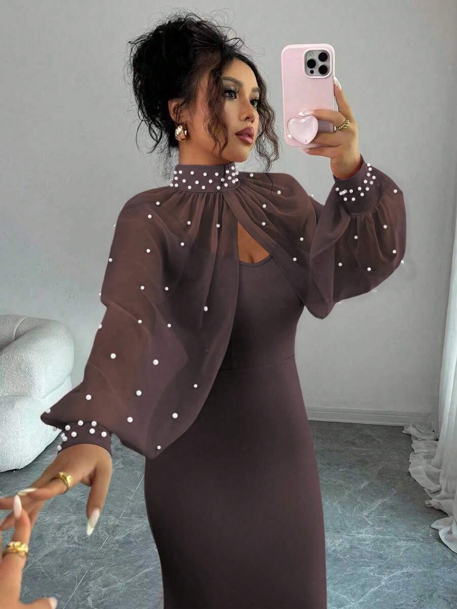 SHEIN Elenzga فستان سهرة بني مطرز ضيق بذيل مذنب
