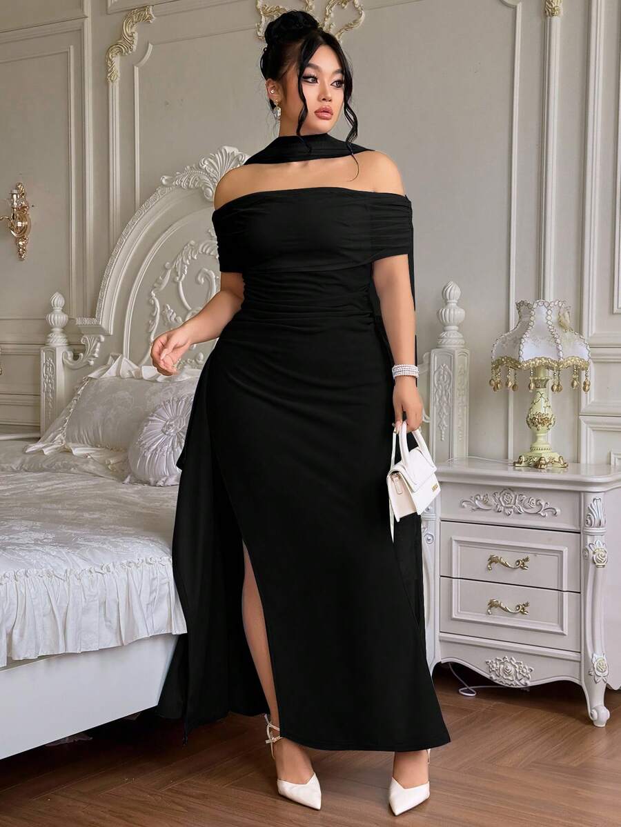SHEIN Roveilla فستان أسود أنيق واسع كتف بشق وظهر مكشوف