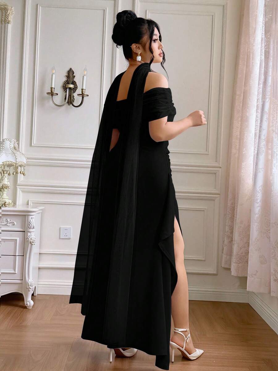 SHEIN Roveilla فستان أسود أنيق واسع كتف بشق وظهر مكشوف