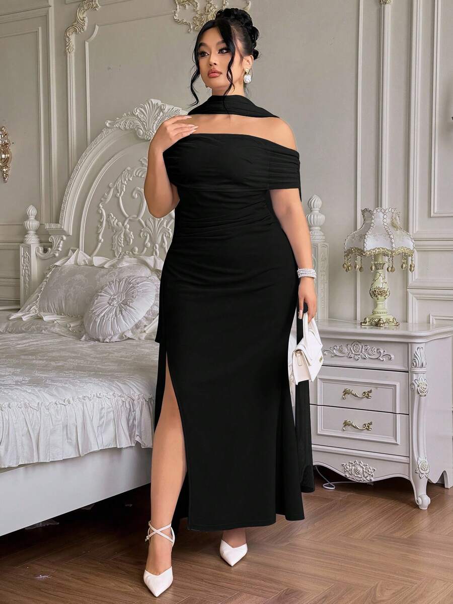 SHEIN Roveilla فستان أسود أنيق واسع كتف بشق وظهر مكشوف