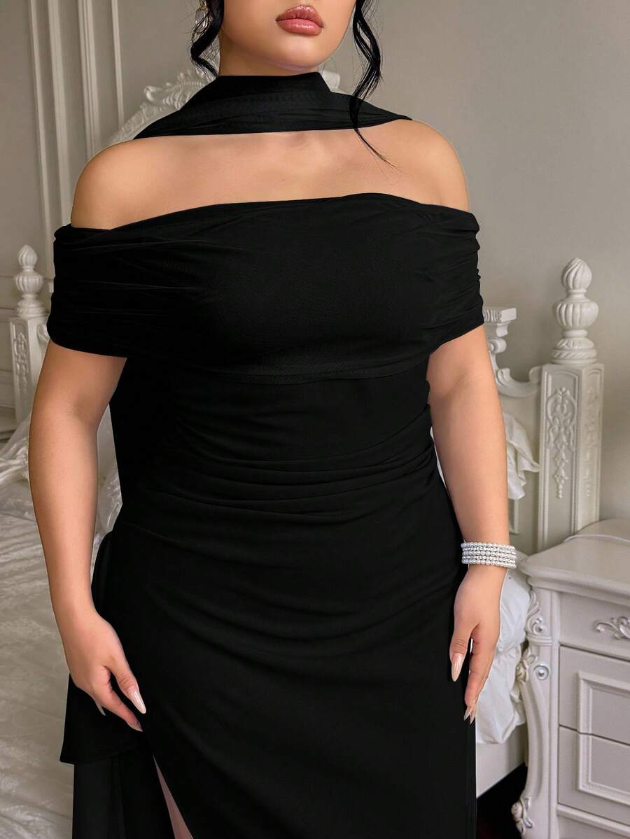 SHEIN Roveilla فستان أسود أنيق واسع كتف بشق وظهر مكشوف