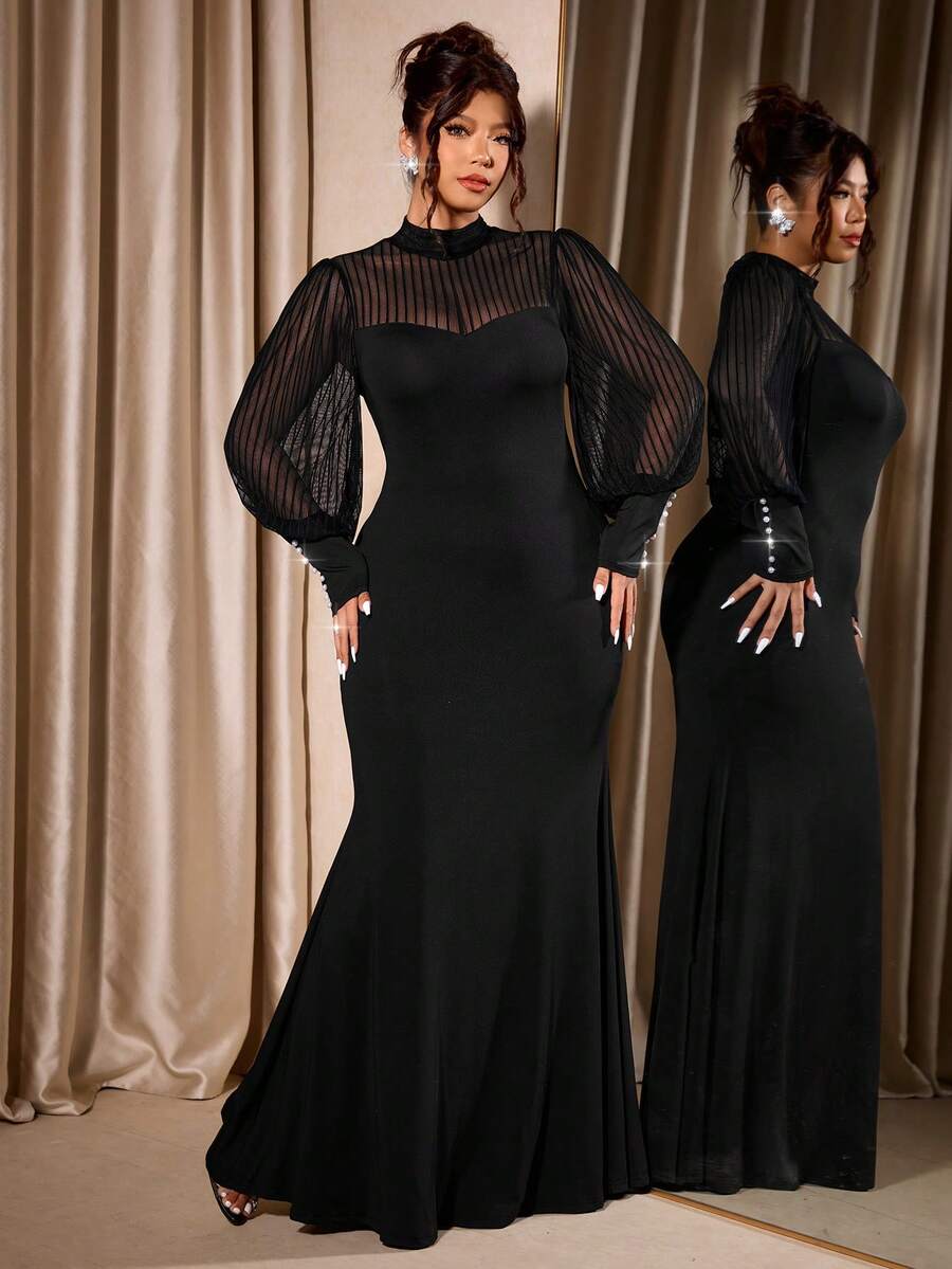 SHEIN Cravure فستان أسود محبوك بخطوط رأسية للمقاسات الكبيرة