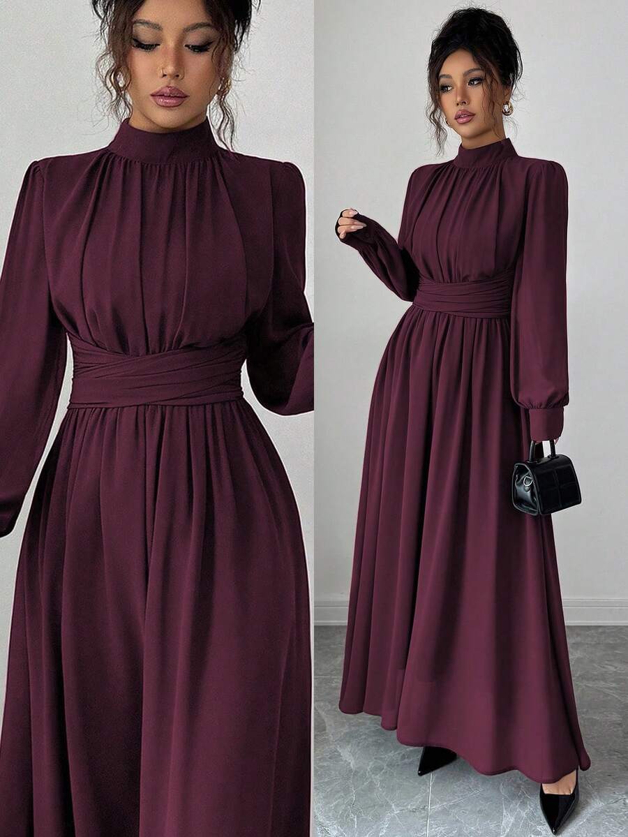 SHEIN Elenzga فستان شيفون بأكمام طويلة وياقة عالية