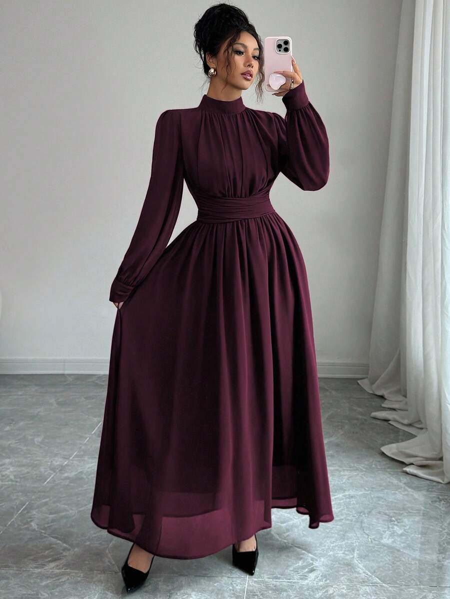 SHEIN Elenzga فستان شيفون بأكمام طويلة وياقة عالية
