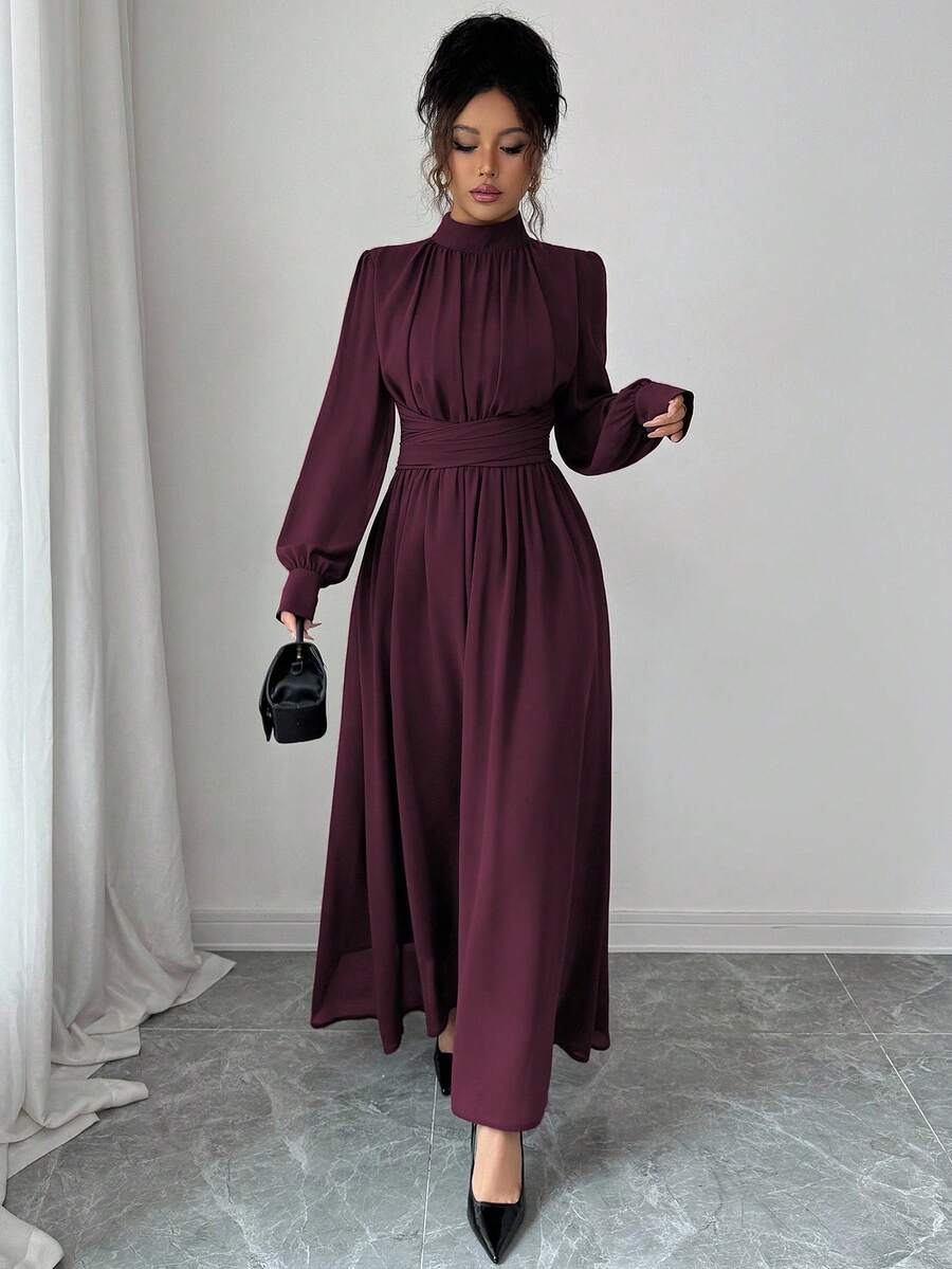 SHEIN Elenzga فستان شيفون بأكمام طويلة وياقة عالية