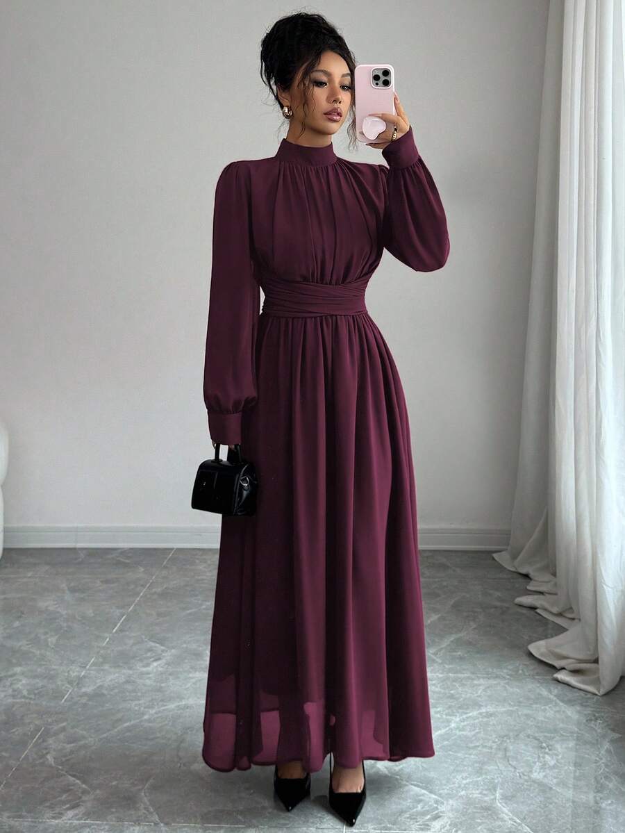SHEIN Elenzga فستان شيفون بأكمام طويلة وياقة عالية