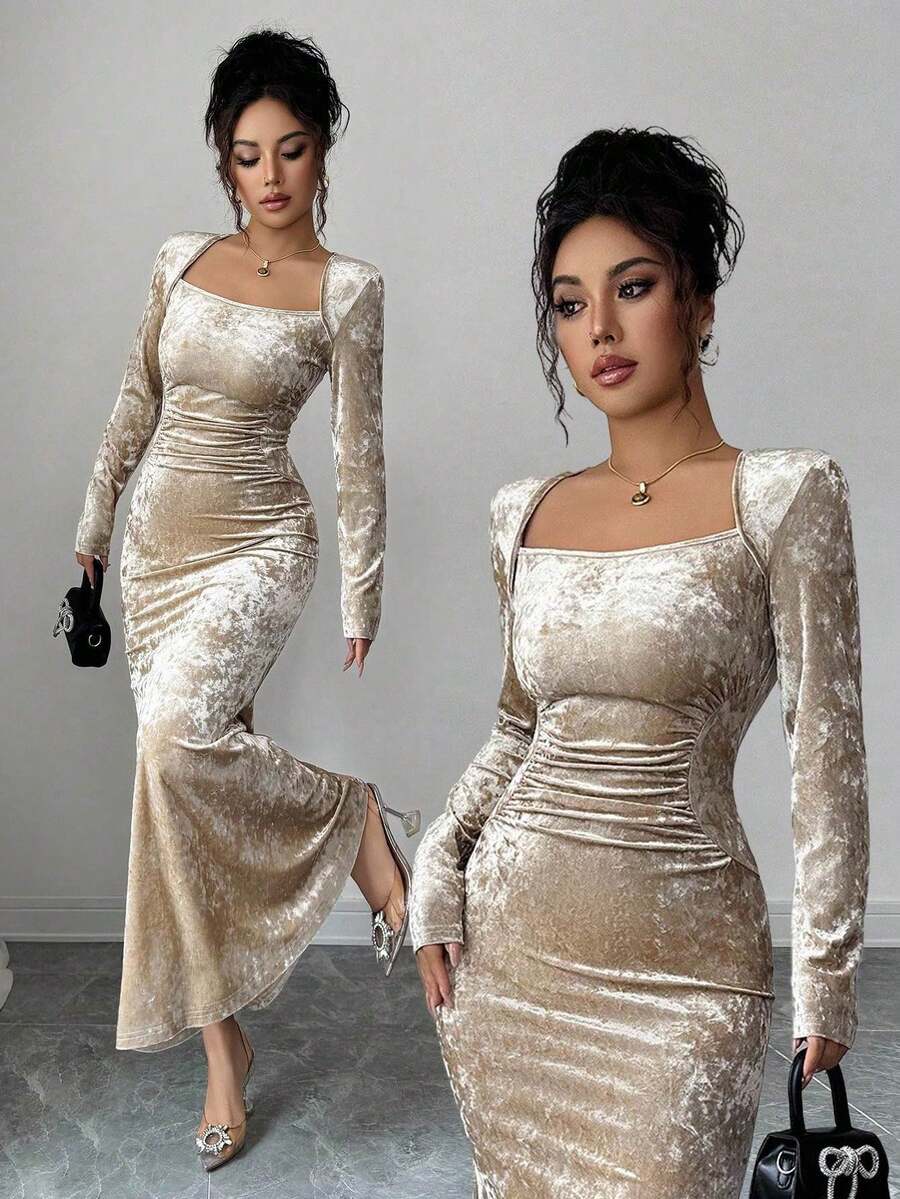 SHEIN Elenzga فستان ذهبي ضيق جلد مخملي برقبة عالية