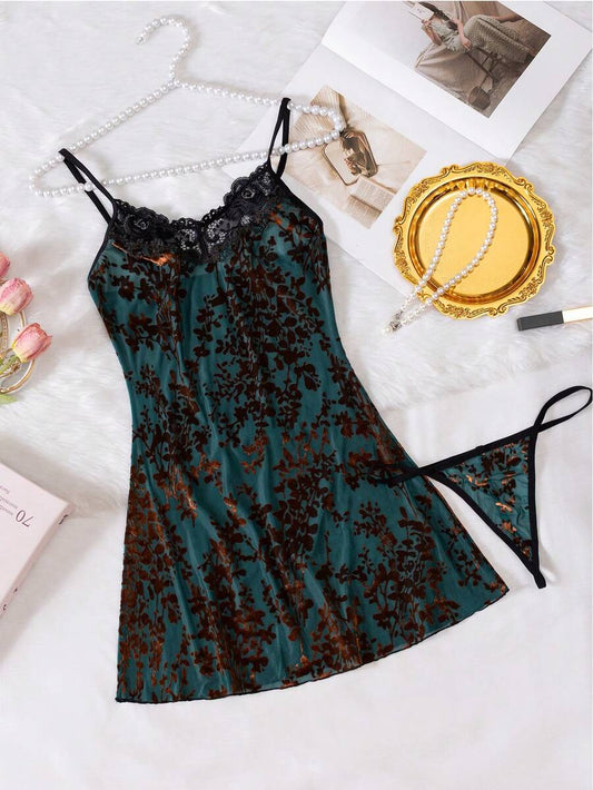 SHEIN طقم لانجري قطعتين شبك شفاف مطرز ثلاثي الأبعاد قميص وسروال أنيق