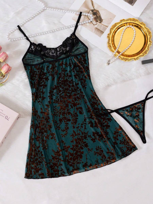 SHEIN طقم لانجري قطعتين شبك شفاف مطرز ثلاثي الأبعاد قميص وسروال أنيق