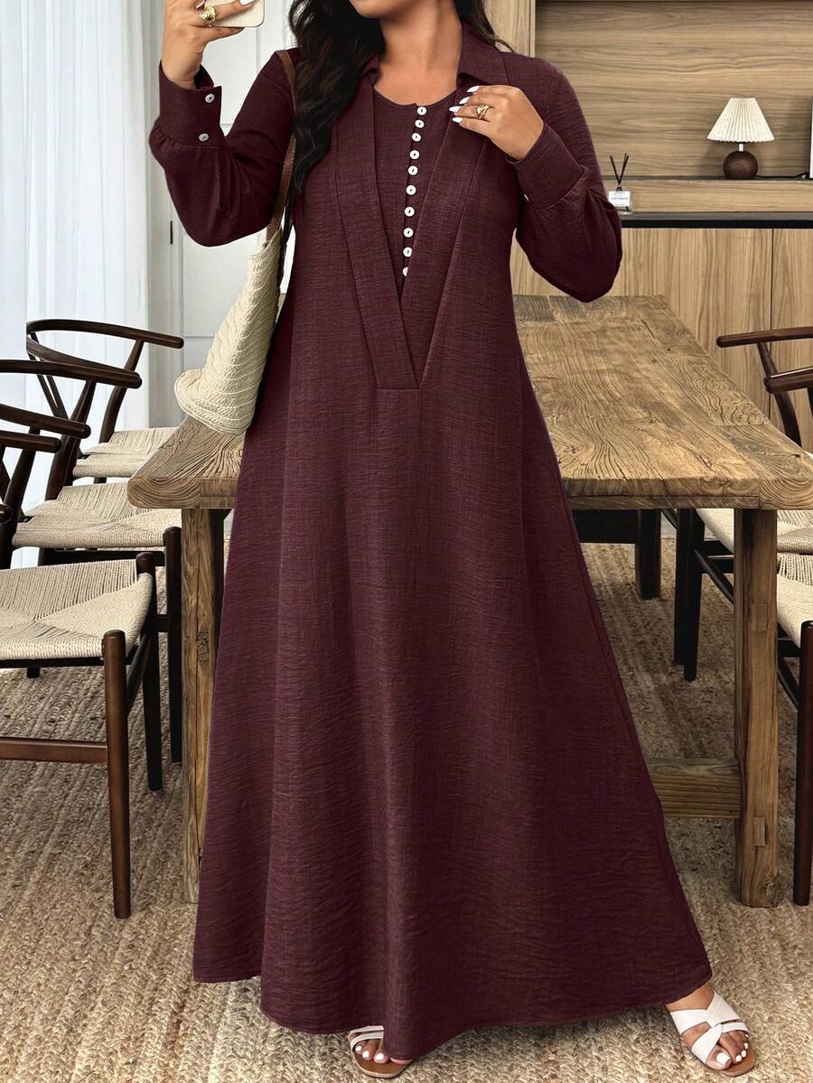 SHEIN فستان عنابي طويل بخصر مزدوج وتنورة مرنة