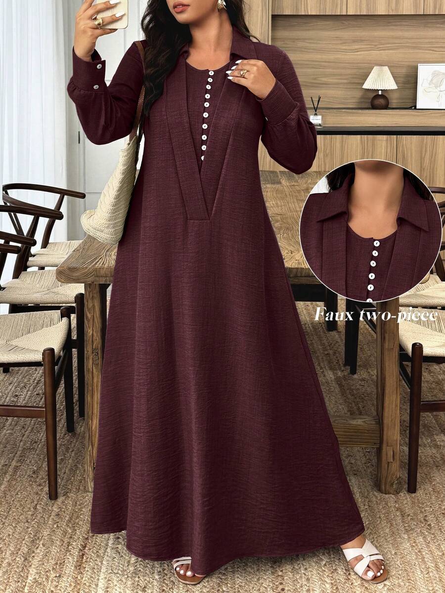 SHEIN فستان عنابي طويل بخصر مزدوج وتنورة مرنة