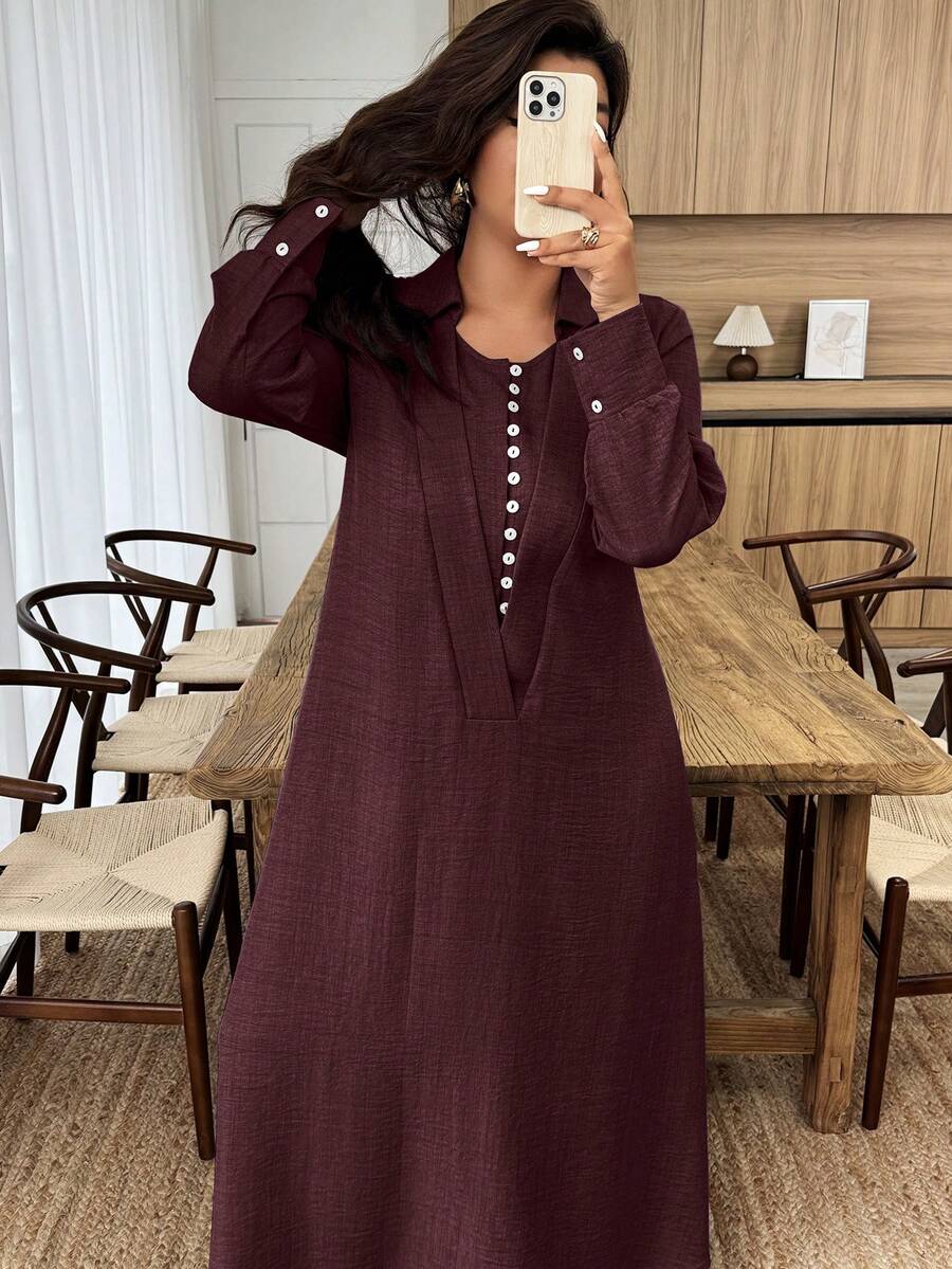 SHEIN فستان عنابي طويل بخصر مزدوج وتنورة مرنة