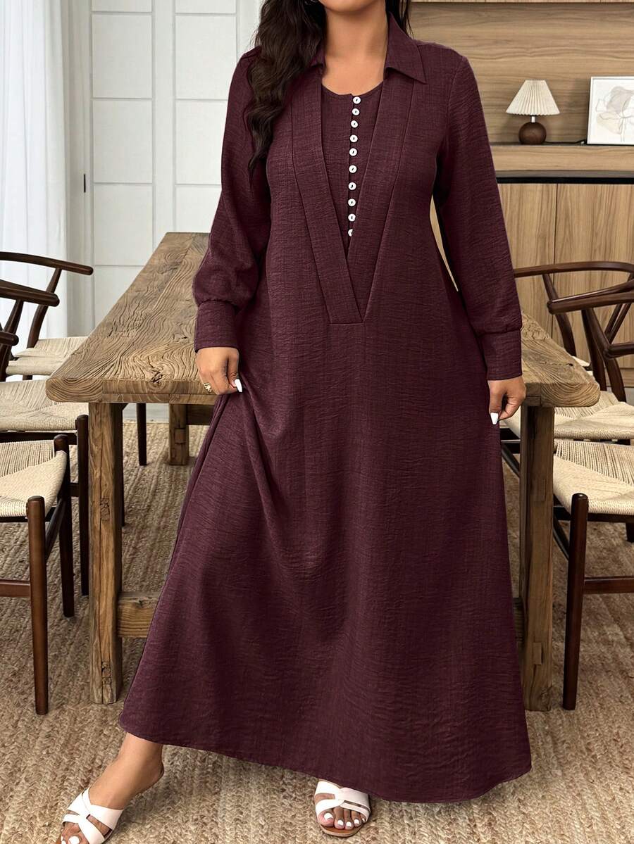 SHEIN فستان عنابي طويل بخصر مزدوج وتنورة مرنة