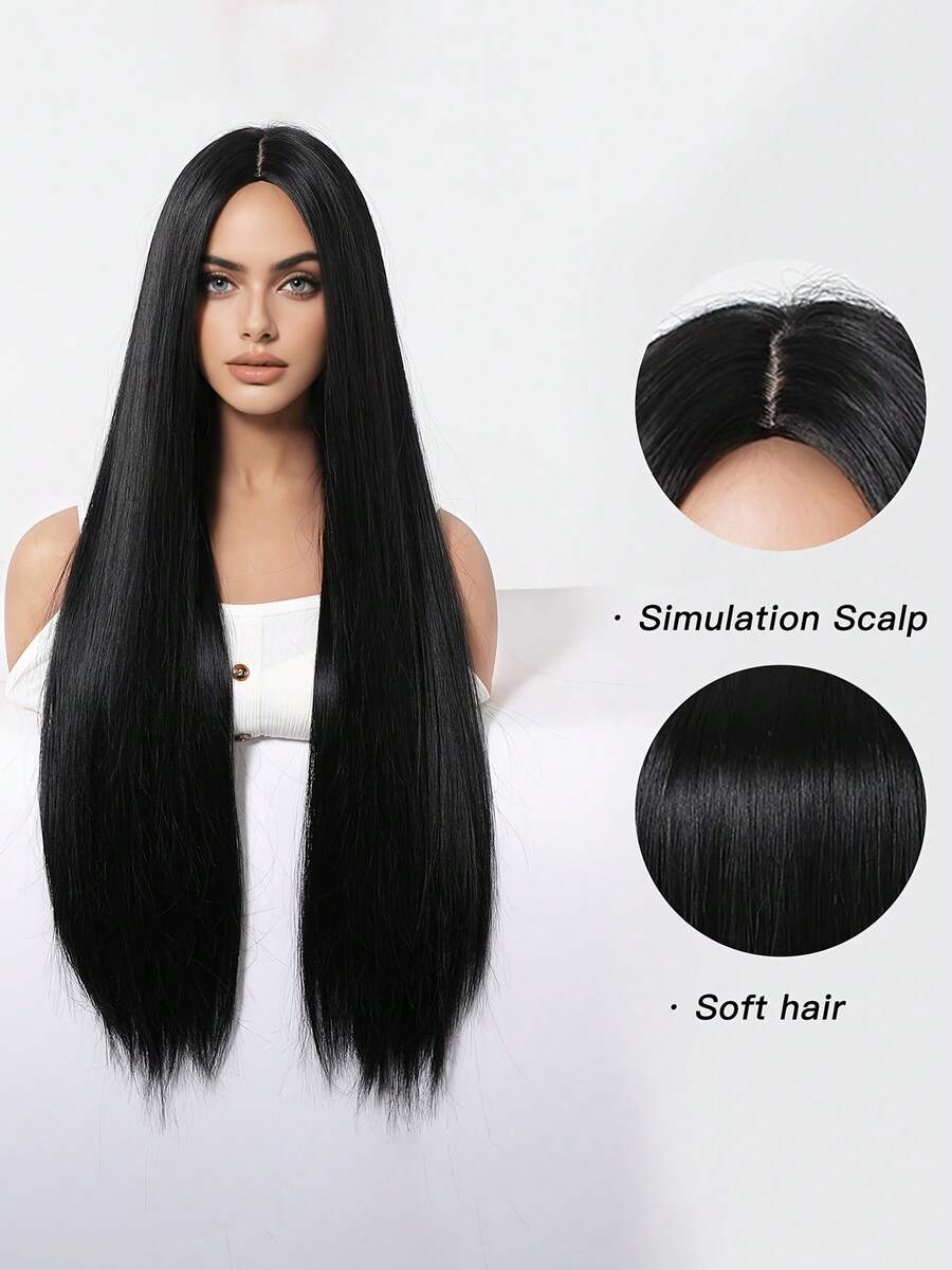 SHEIN باروكة صناعية طويلة سوداء 28 بوصة مقاومة للحرارة