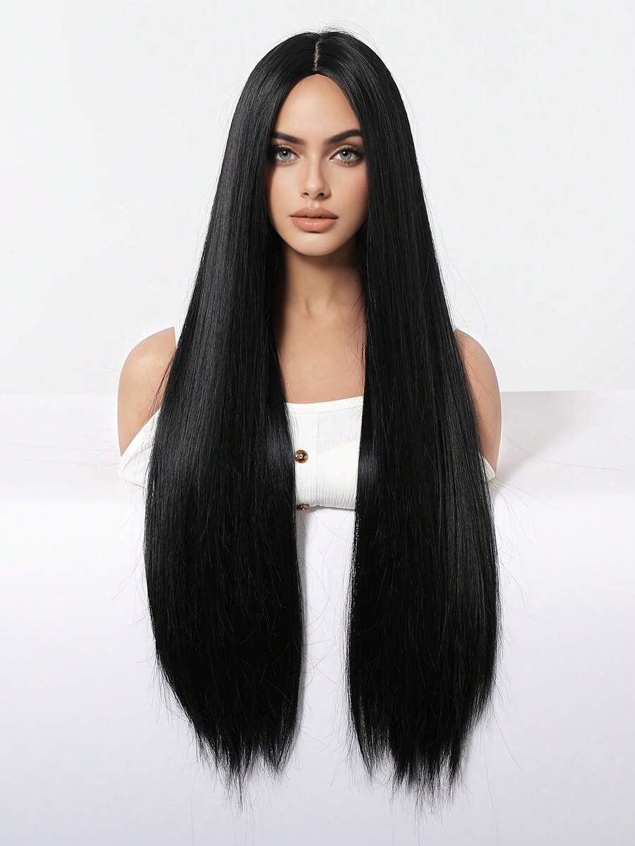 SHEIN باروكة صناعية طويلة سوداء 28 بوصة مقاومة للحرارة